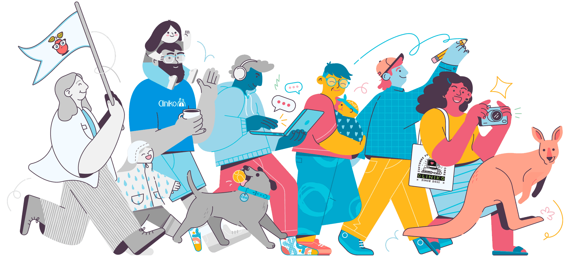 Part of Cliniko team members walking and smiling